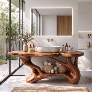 Bathroom Vanity Solid Wood with Sculptural Branch Frame and Open Shelf Storage