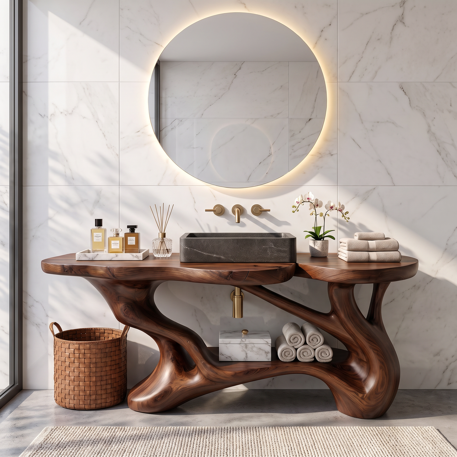 Bathroom Vanity Solid Wood with Sculptural Branch Frame and Open Shelf Storage