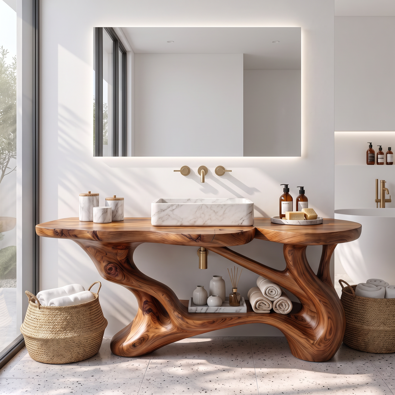 Bathroom Vanity Solid Wood with Sculptural Branch Frame and Open Shelf Storage