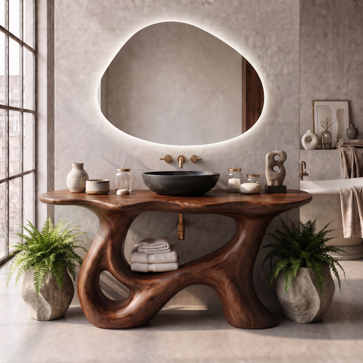 Bathroom Vanity Solid Wood with Sculptural Open Loop Base
