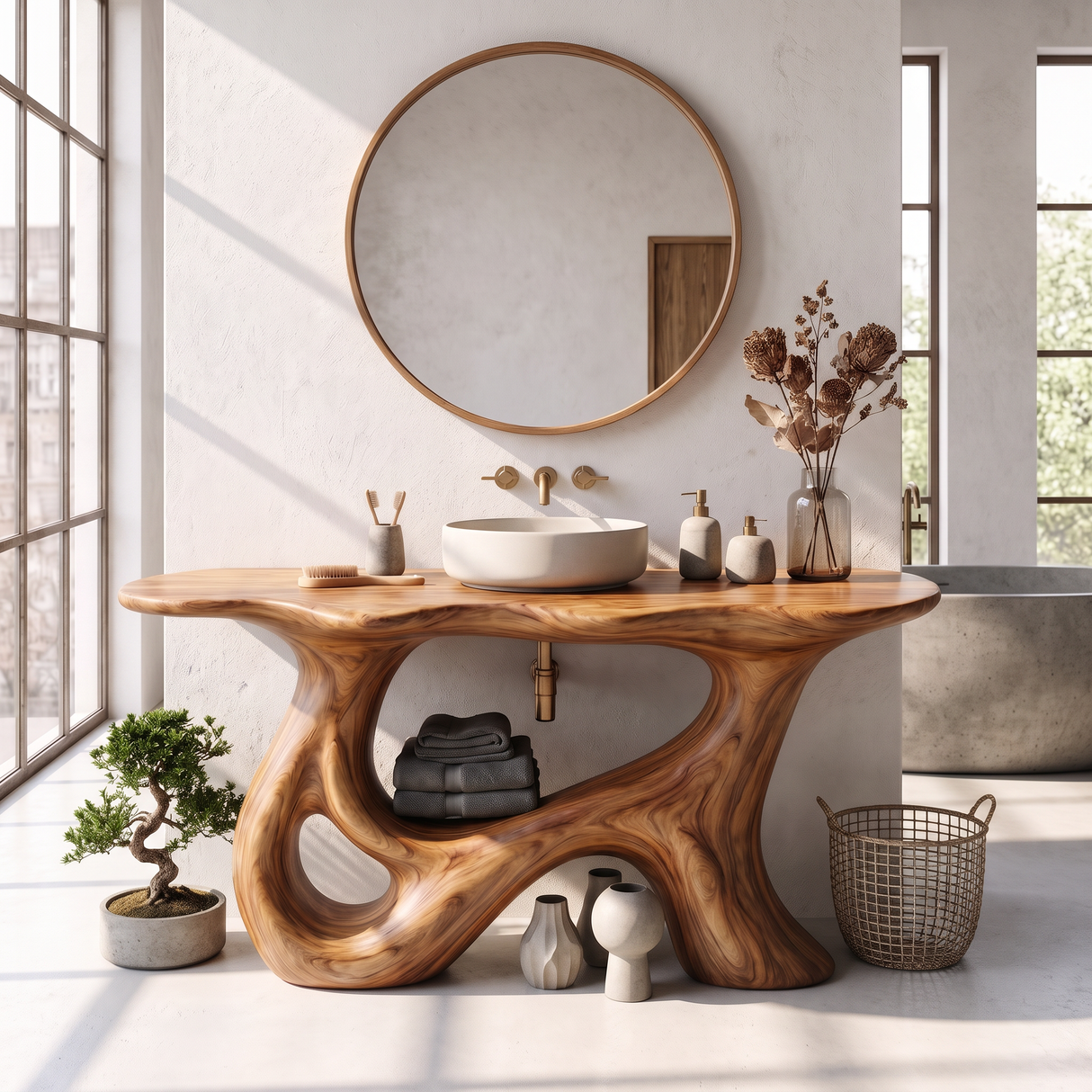 Bathroom Vanity Solid Wood with Sculptural Open Loop Base