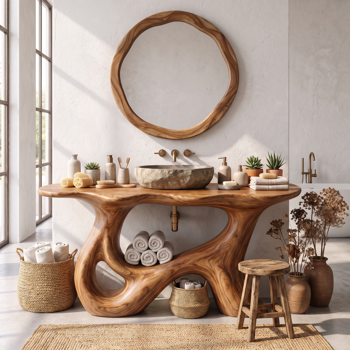 Bathroom Vanity Solid Wood with Sculptural Open Loop Base