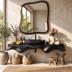 Bathroom Vanity Solid Wood with Sculptural Wave Edge Countertop