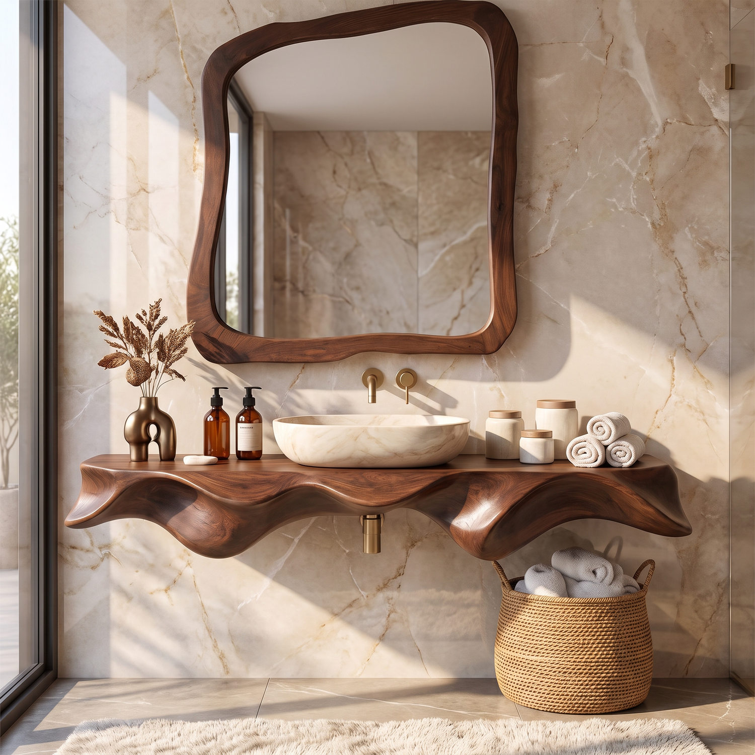 Bathroom Vanity Solid Wood with Sculptural Wave Edge Countertop