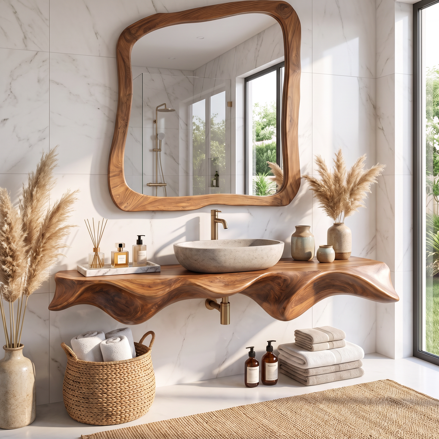 Bathroom Vanity Solid Wood with Sculptural Wave Edge Countertop