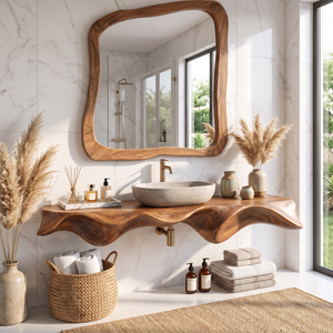 Bathroom Vanity Solid Wood with Sculptural Wave Edge Countertop