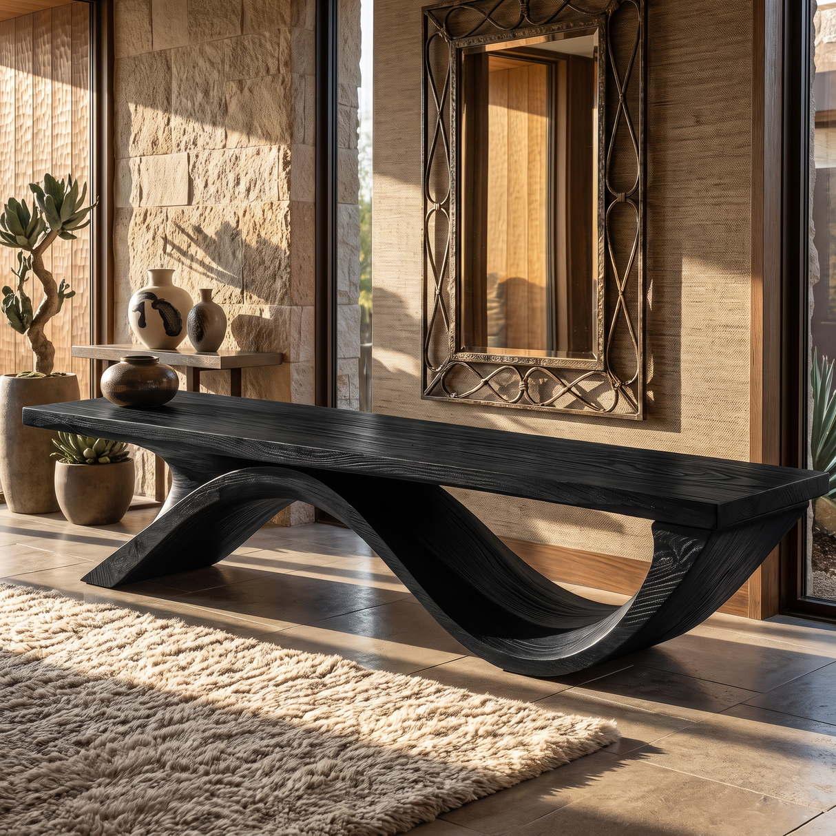 Bench Solid Wood with Sculptural Ribbon Wave Base