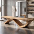 Bench Solid Wood with Sculptural Ribbon Wave Base