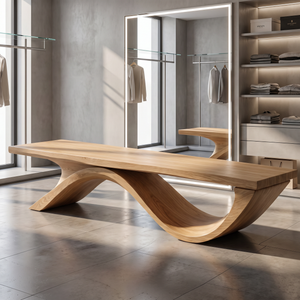Bench Solid Wood with Sculptural Ribbon Wave Base