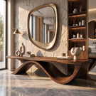 Bench Solid Wood with Sculptural Ribbon Wave Base