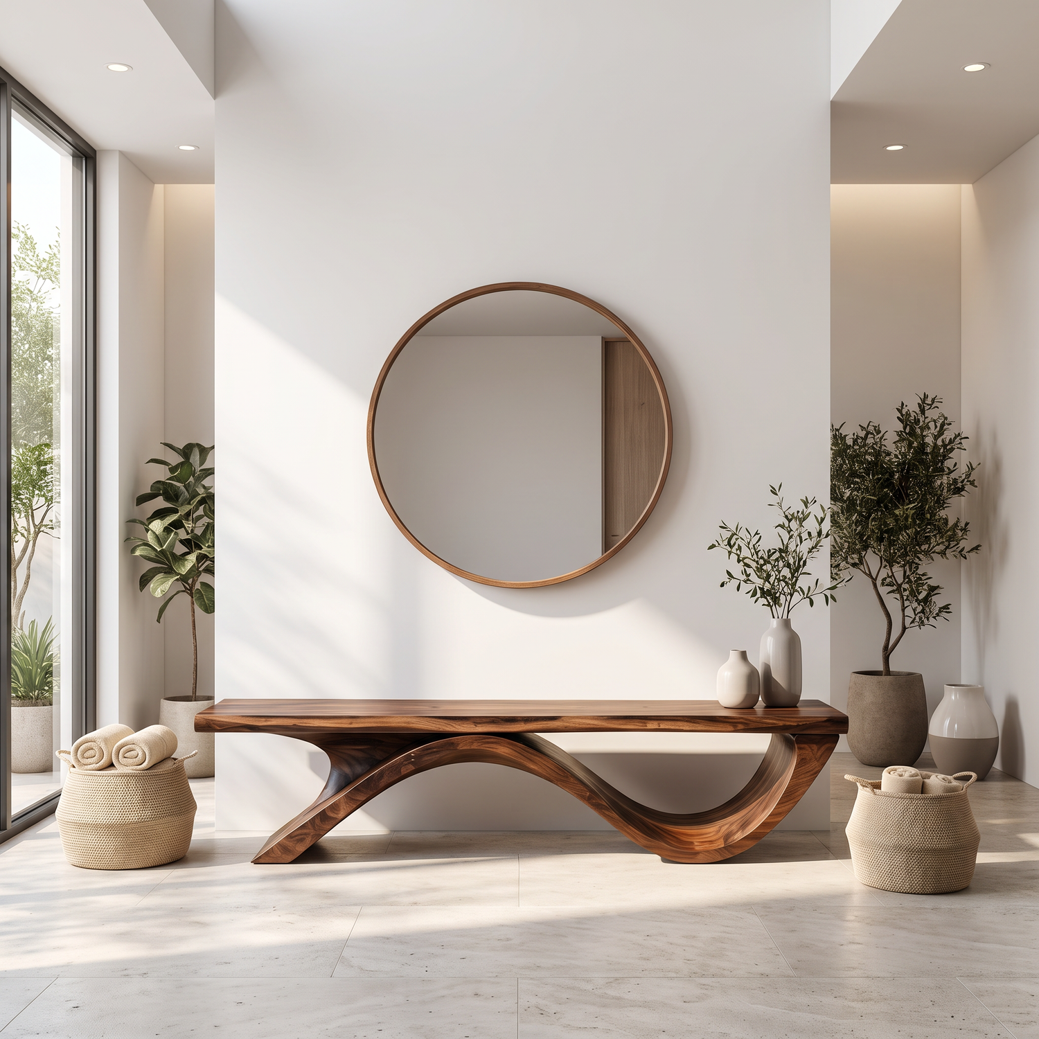 Bench Solid Wood with Sculptural Ribbon Wave Base