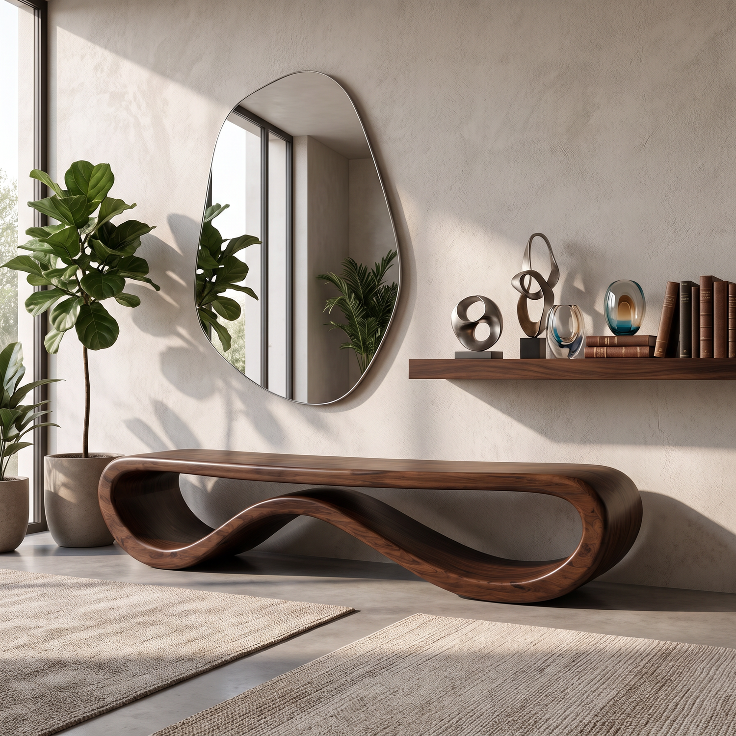 Bench Solid Wood with Sculptural Infinity Loop Base for Entryway Seating