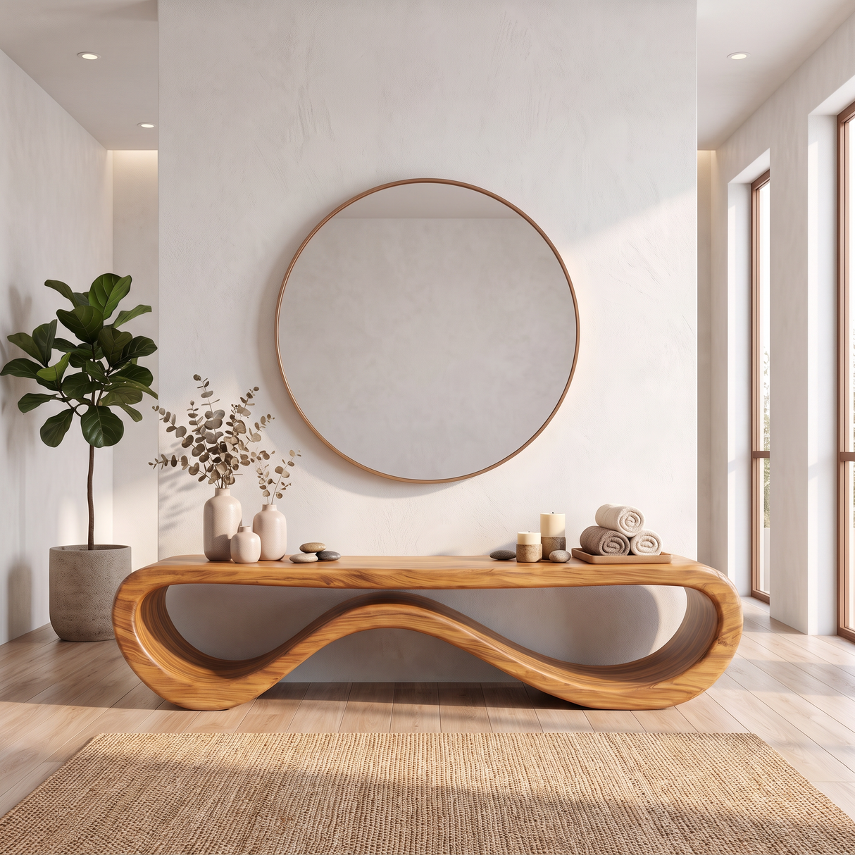 Bench Solid Wood with Sculptural Infinity Loop Base for Entryway Seating