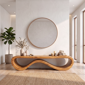 Bench Solid Wood with Sculptural Infinity Loop Base for Entryway Seating