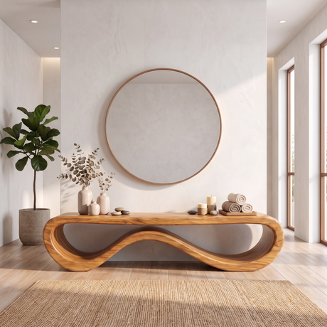 Bench Solid Wood with Sculptural Infinity Loop Base for Entryway Seating