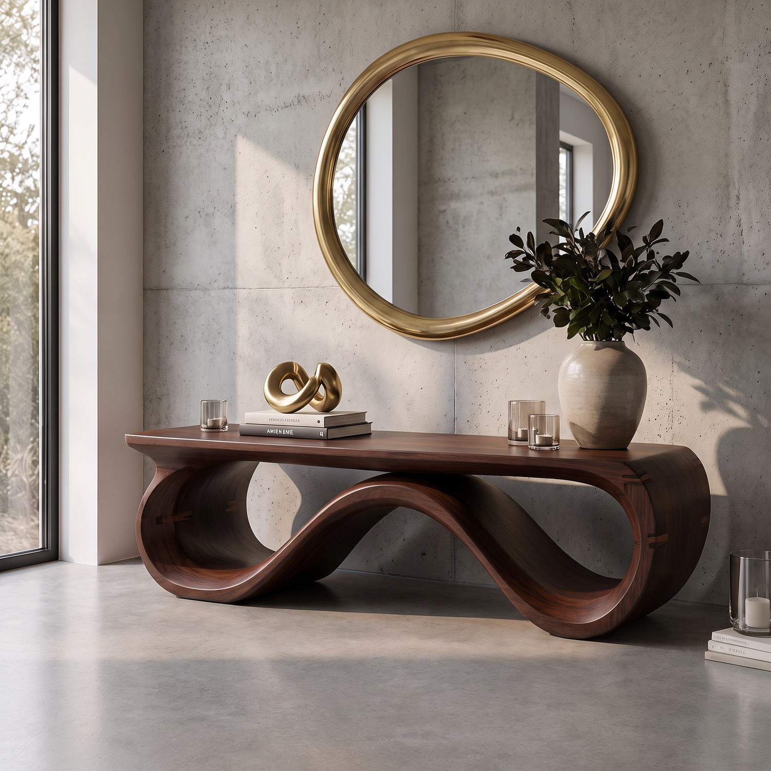 Bench Solid Wood with Sculptural Infinity Loop Base for Entryway Seating