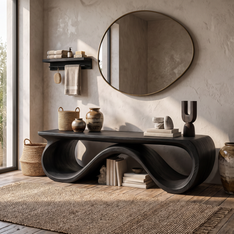 Bench Solid Wood with Sculptural Infinity Loop Base for Entryway Seating