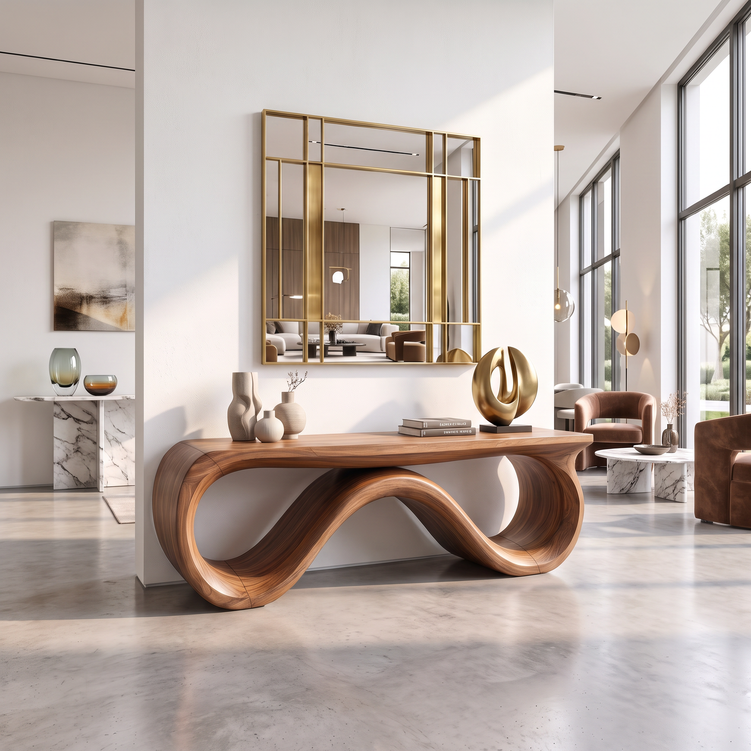 Bench Solid Wood with Sculptural Infinity Loop Base for Entryway Seating