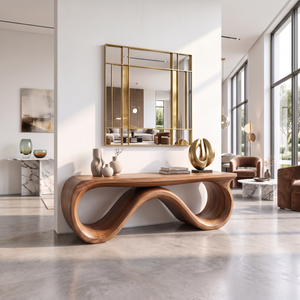 Bench Solid Wood with Sculptural Infinity Loop Base for Entryway Seating