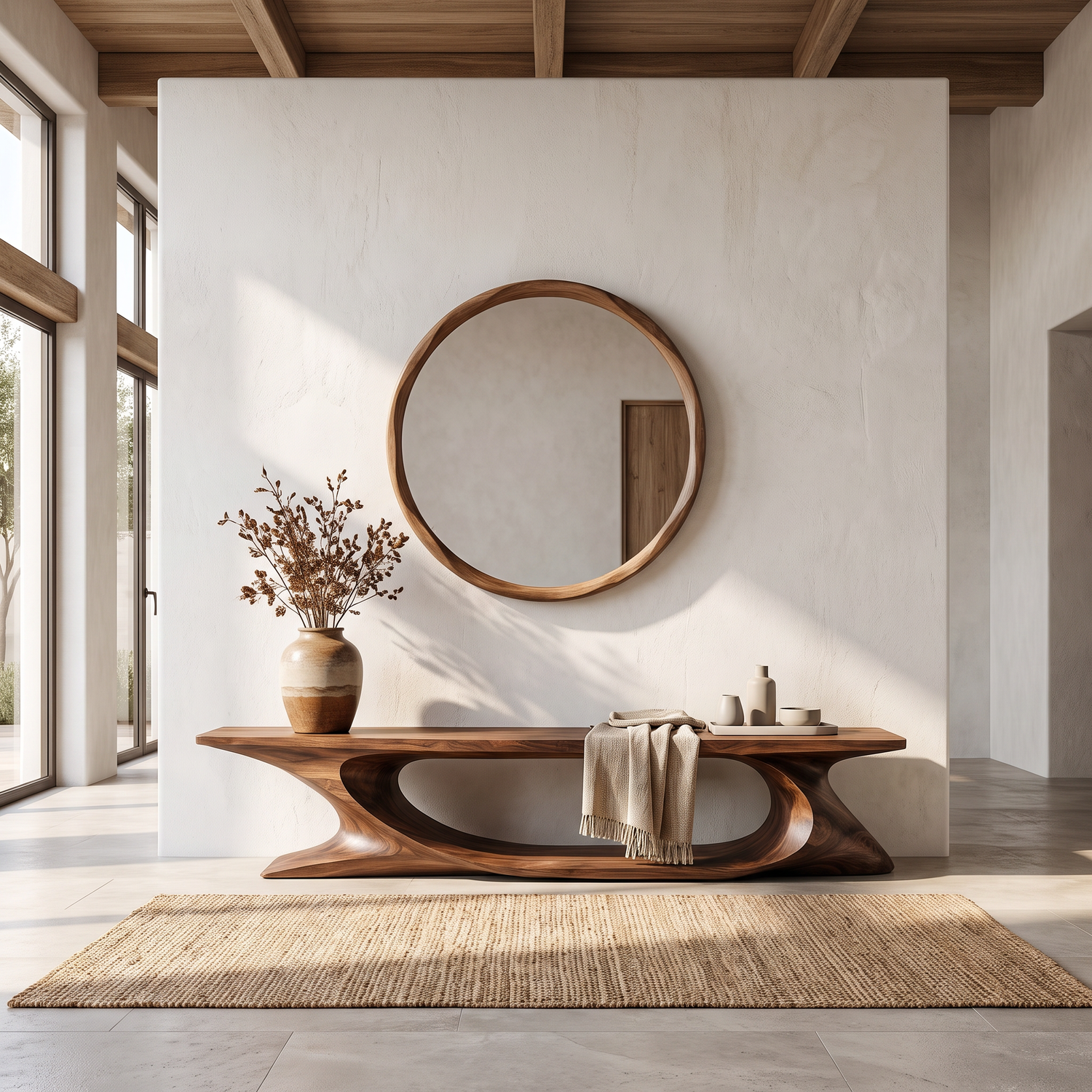 Bench Solid Wood with Sculptural Sweeping Arch Base for Entryway Seating