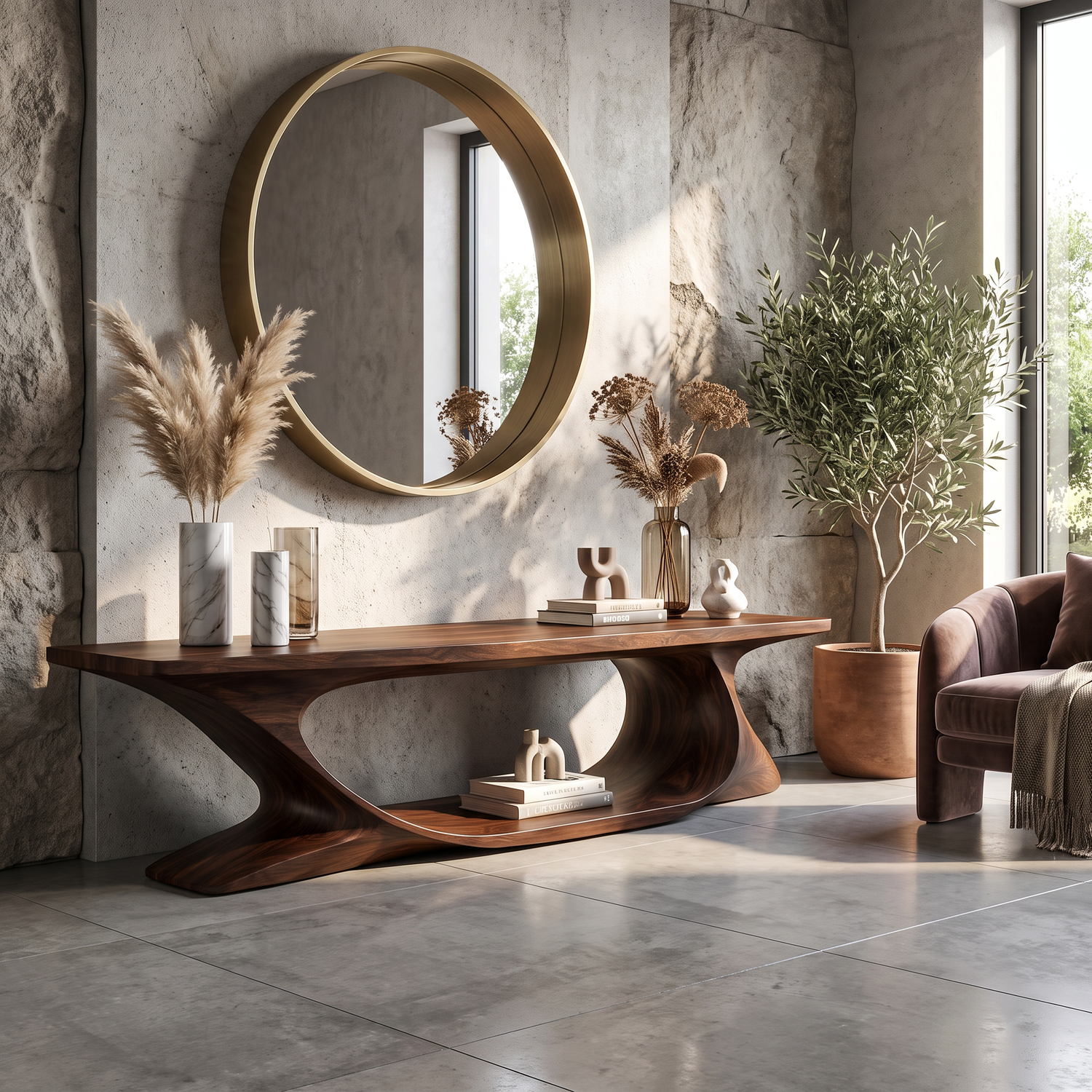 Bench Solid Wood with Sculptural Sweeping Arch Base for Entryway Seating