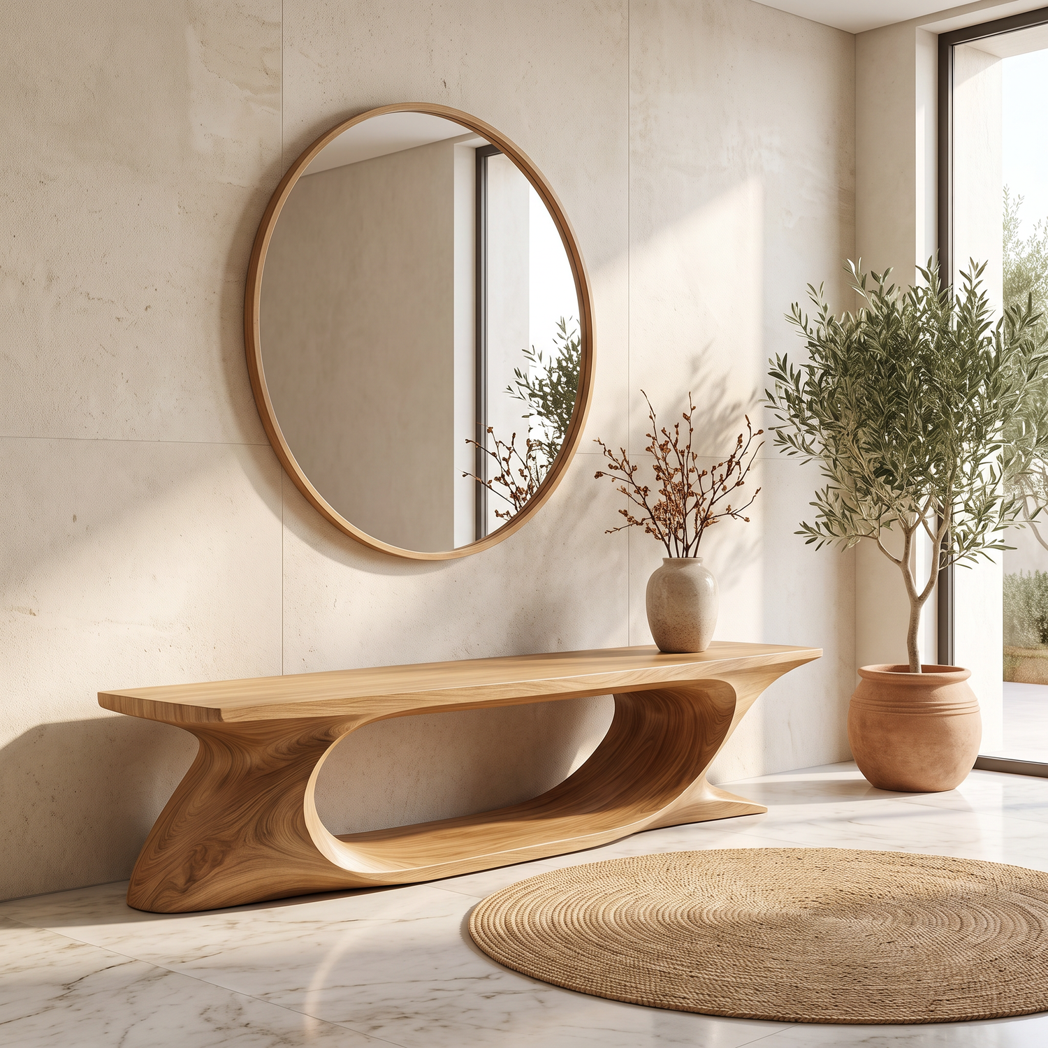 Bench Solid Wood with Sculptural Sweeping Arch Base for Entryway Seating