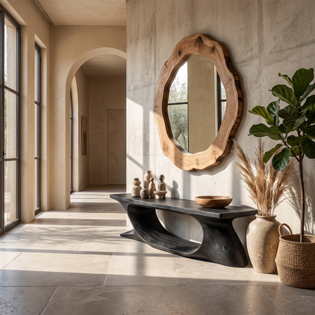 Bench Solid Wood with Sculptural Sweeping Arch Base for Entryway Seating