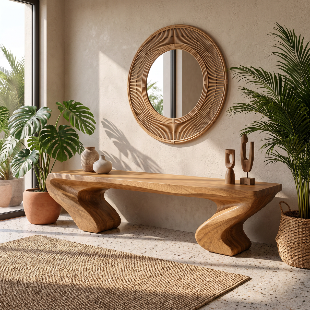 Bench Solid Wood with Twin Sculptural Curve Legs
