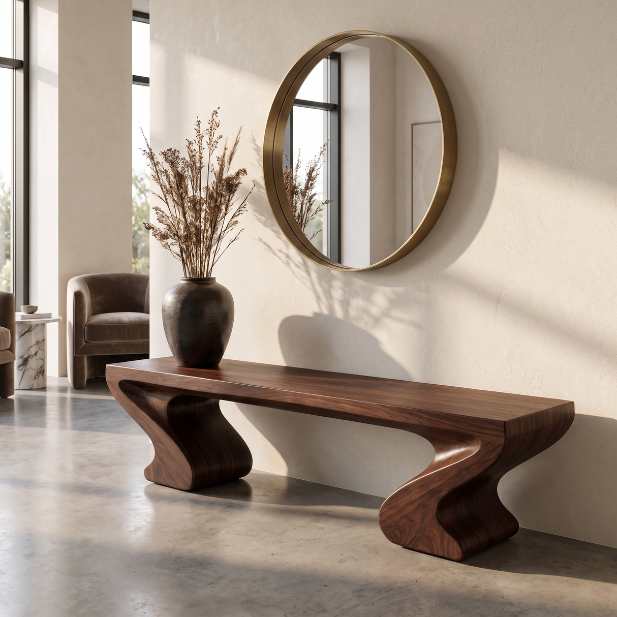 Bench Solid Wood with Twin Sculptural Curve Legs