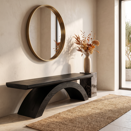 Bench Solid Wood with Sculptural Crossing Arch Base for Entryway Seating