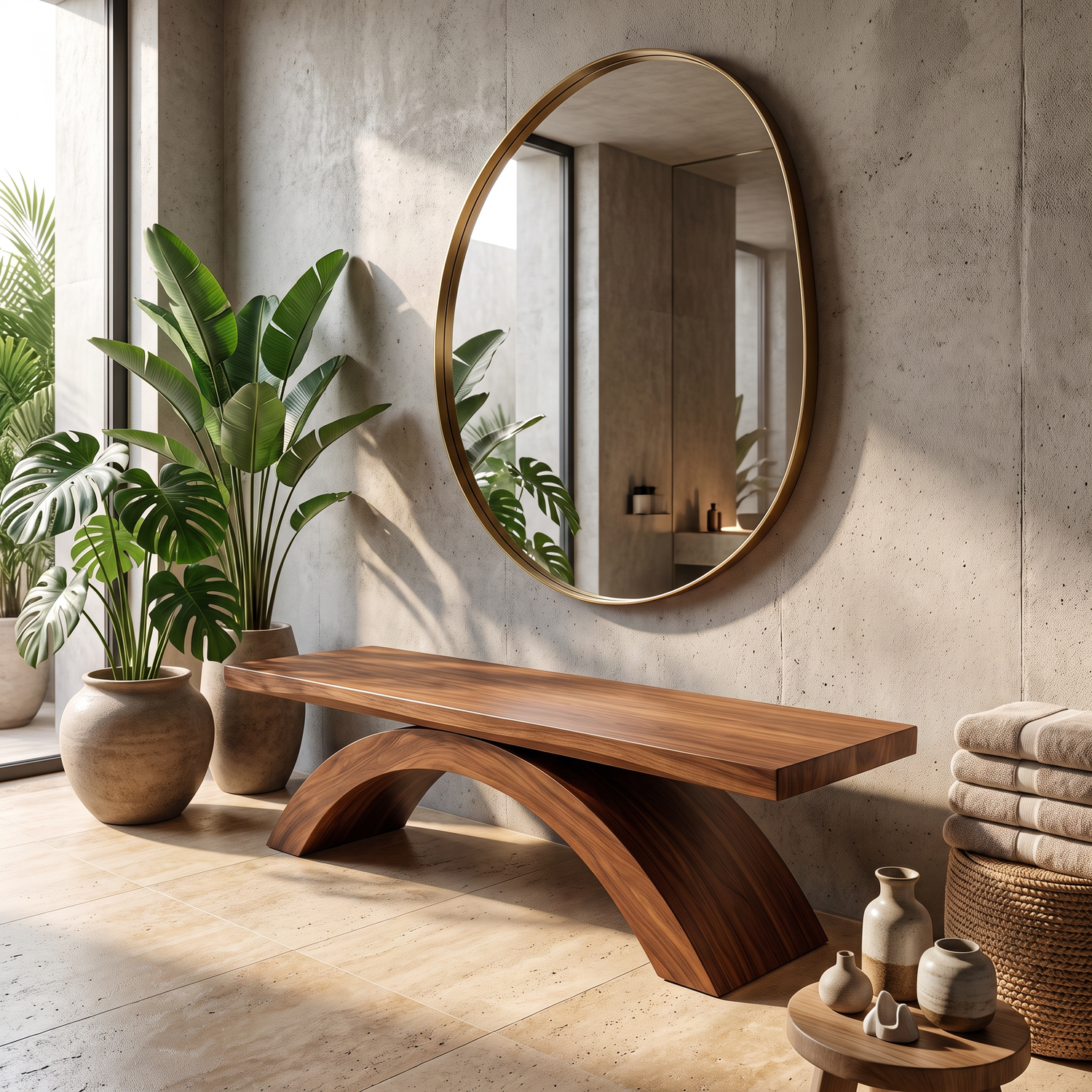Bench Solid Wood with Sculptural Crossing Arch Base for Entryway Seating
