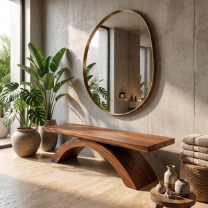 Bench Solid Wood with Sculptural Crossing Arch Base for Entryway Seating