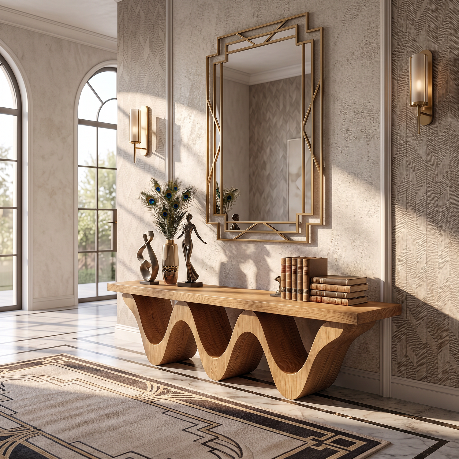 Bench Solid Wood with Sculptural Triple Wave Base