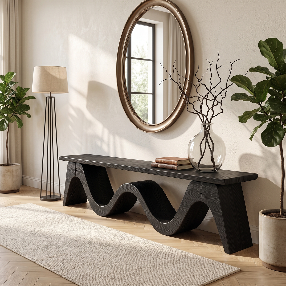 Bench Solid Wood with Sculptural Continuous Wave Base for Entryway Seating