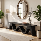 Bench Solid Wood with Sculptural Continuous Wave Base for Entryway Seating