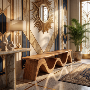 Bench Solid Wood with Sculptural Continuous Wave Base for Entryway Seating