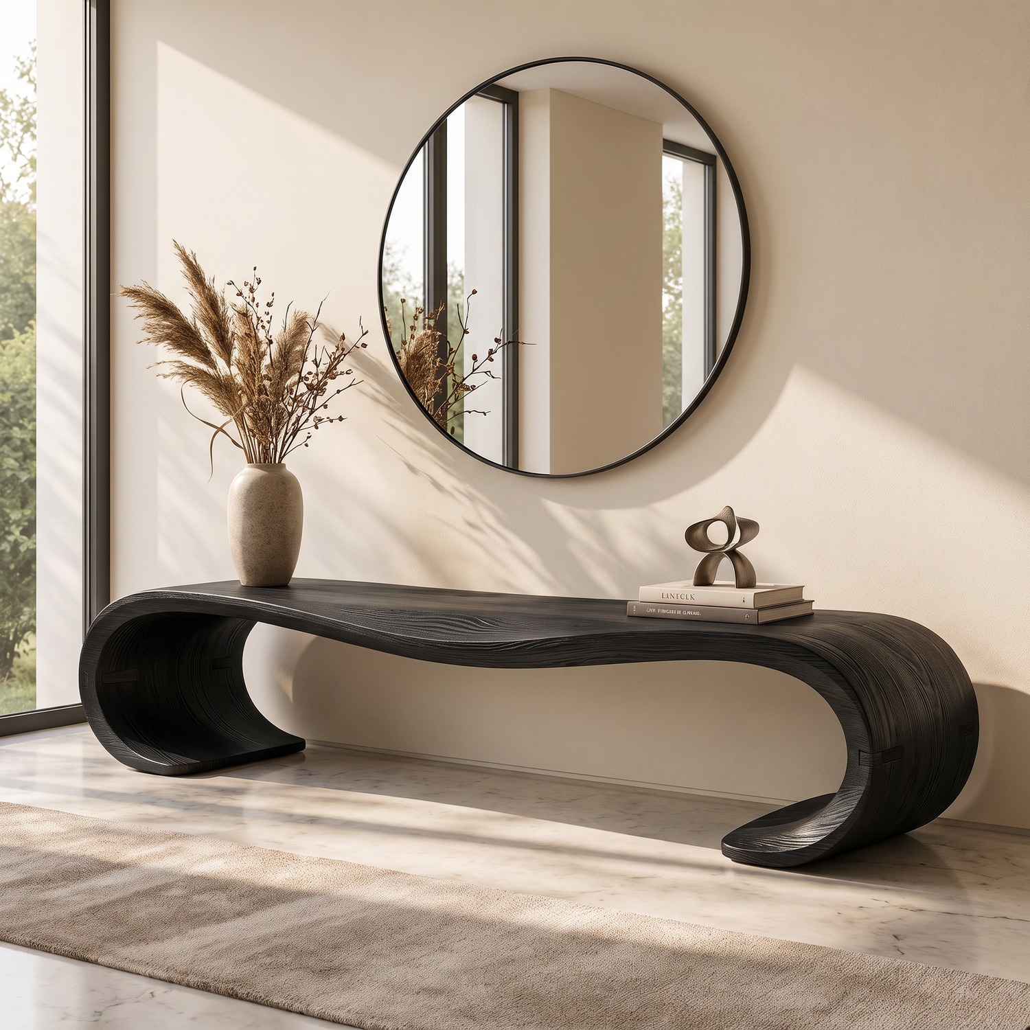 Bench Solid Wood with Sculptural Waterfall Loop Base for Entryway Seating