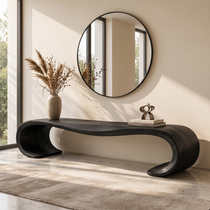 Bench Solid Wood with Sculptural Waterfall Loop Base for Entryway Seating
