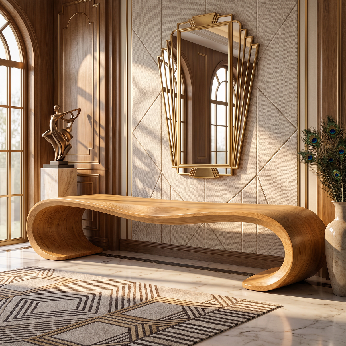 Bench Solid Wood with Sculptural Waterfall Loop Base for Entryway Seating