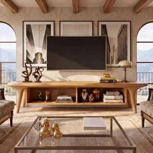 Solid Wood TV Cabinet with Open Shelving, Mediterranean Modern Media Console