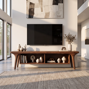 Solid Wood TV Cabinet with Open Shelving, Mediterranean Modern Media Console
