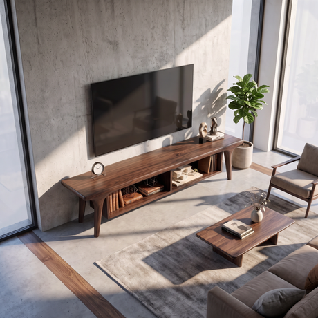 Solid Wood TV Cabinet with Open Shelving, Mediterranean Modern Media Console