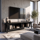 Solid Wood TV Cabinet with Open Shelving, Mediterranean Modern Media Console