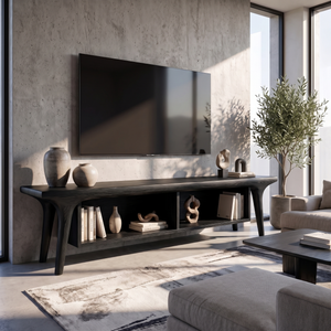 Solid Wood TV Cabinet with Open Shelving, Mediterranean Modern Media Console