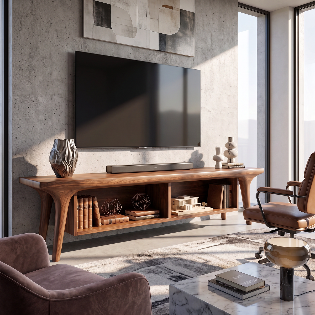 Solid Wood TV Cabinet with Open Shelving, Mediterranean Modern Media Console