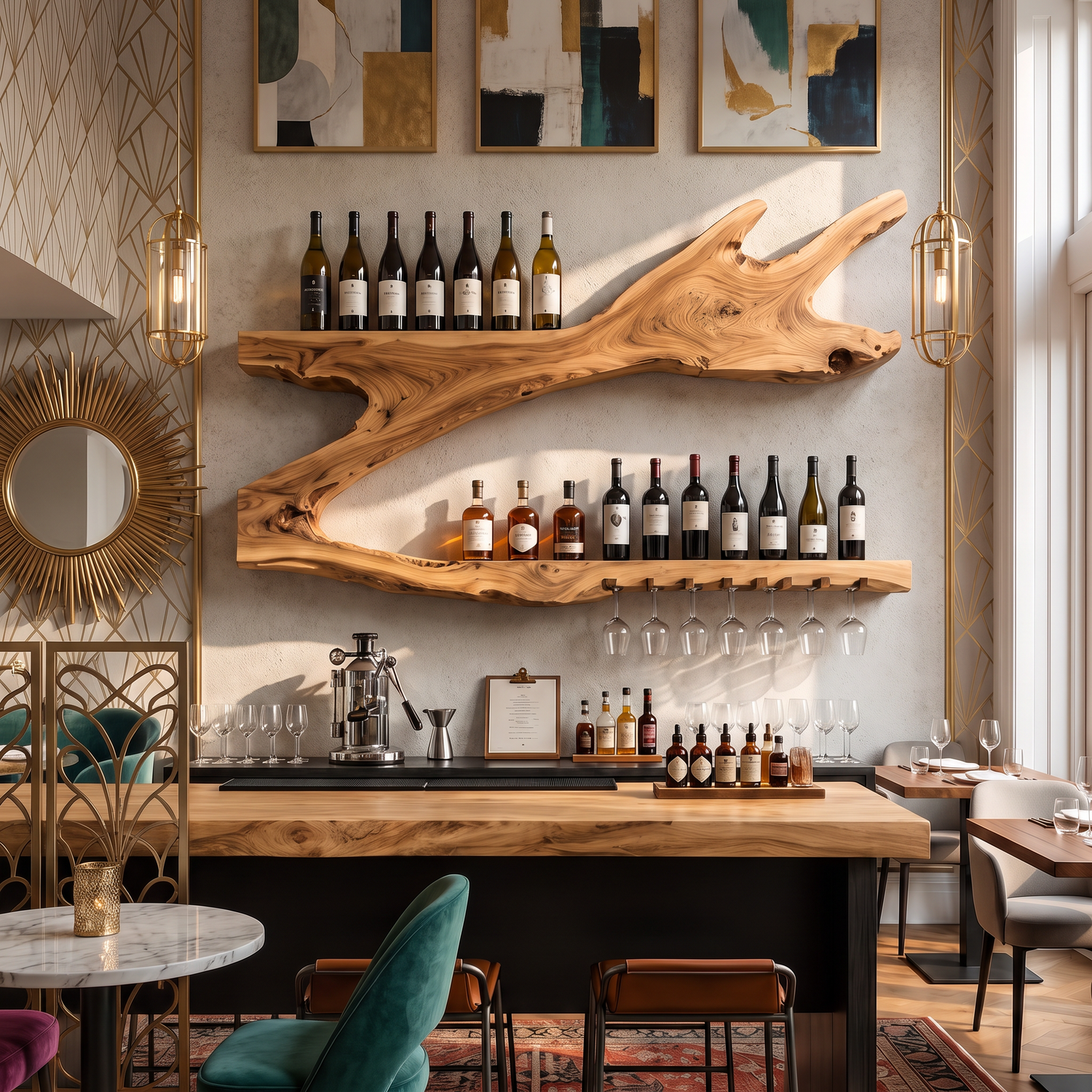 Wall Mounted Wine Rack Solid Wood Organic Branch Shelves for Home Bar