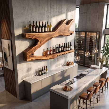 Wall Mounted Wine Rack Solid Wood Organic Branch Shelves for Home Bar