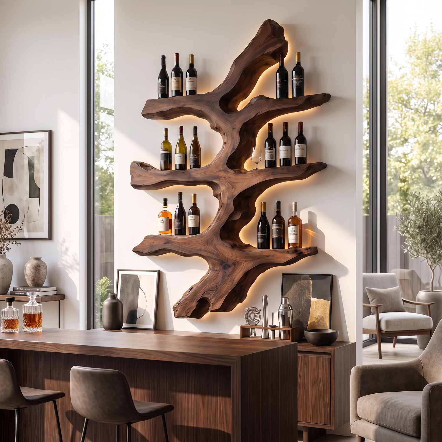 Wall Mounted Wine Rack Solid Wood Tree Branch Shelves