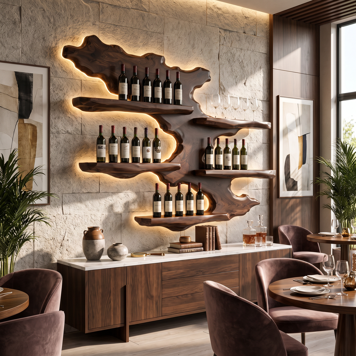 Wall Mounted Wine Rack Solid Wood Layered Branch Shelves