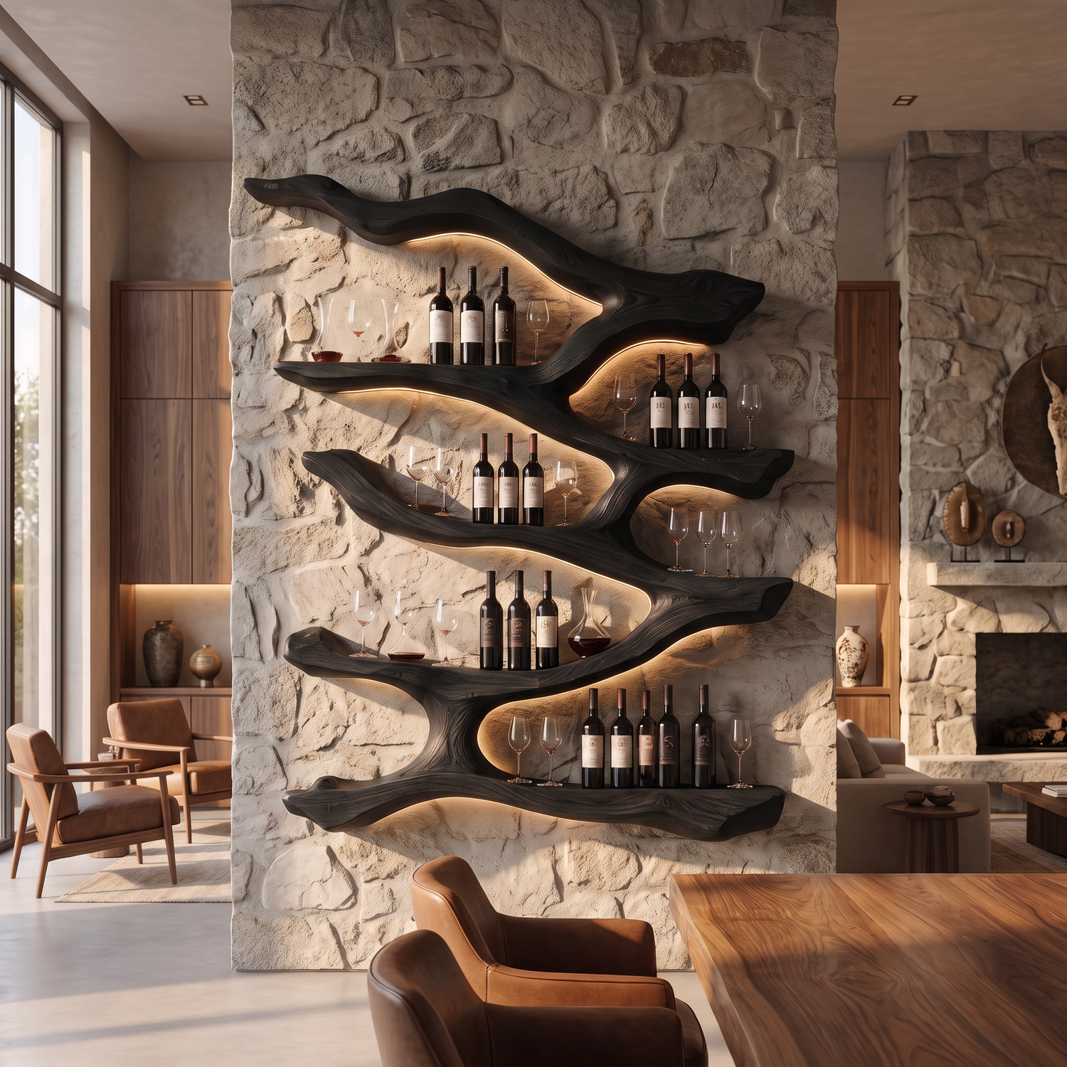 Wall Mounted Wine Rack Solid Wood Flowing Branch Shelves